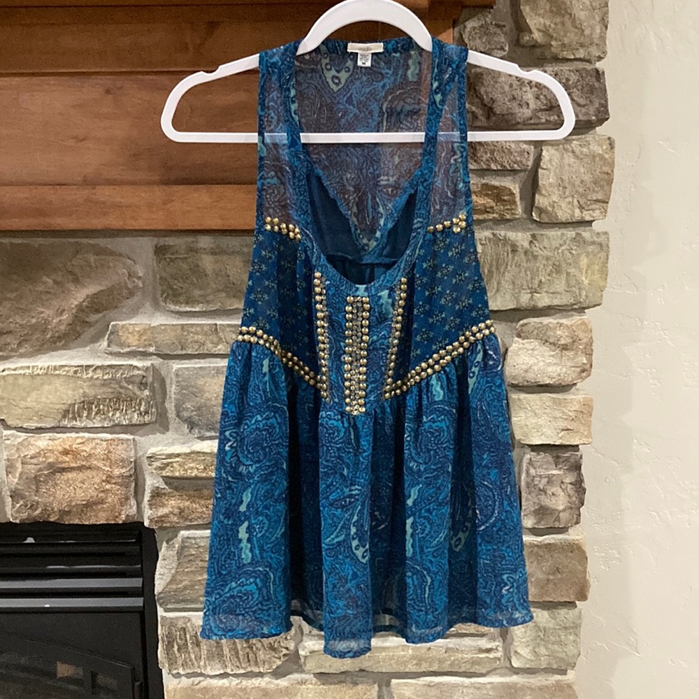 Urban Outfitters Ecote Dressy Blue Blouse with Brass Bead Design on front Sz M